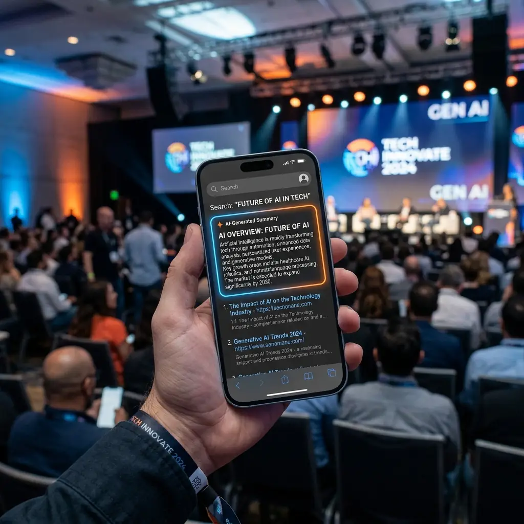 Mano sujetando un móvil con resultados de búsqueda de IA durante un evento de tecnología