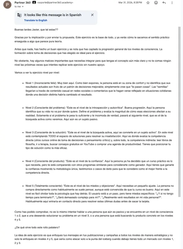 Respuesta detallada del soporte de Partner 360